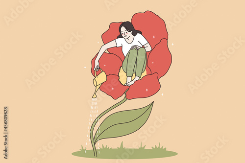 Loving and taking care of yourself concept. Young happy woman sitting in flower and watering it taking care of herself vector illustration 