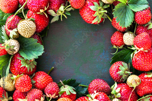 Frame of ripe summer organic srawberry on rustic green background photo