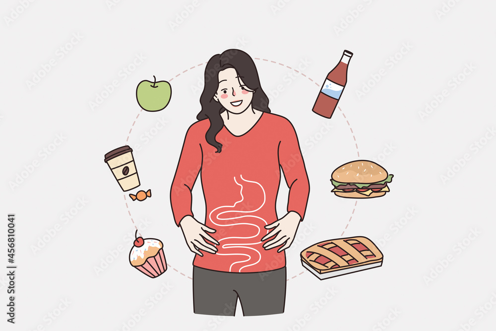 Gastro system and healthy digestion concept. Young smiling woman ...