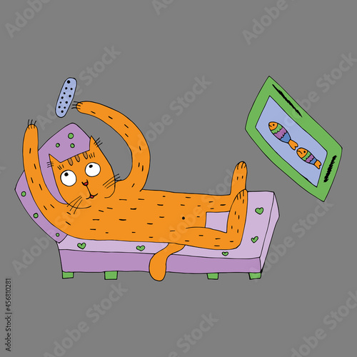 A funny cat watches TV, holds a TV remote control in his hands. Vector. Cartoon. Coloring pages for children and adults. Comics. Doodles