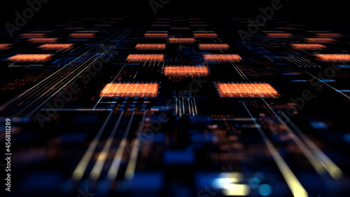 Printed circuit board futuristic server/The mother server is processing the data, Circuit board futuristic server code processing. Orange, red, blue technology background with bokeh. 3d rendering