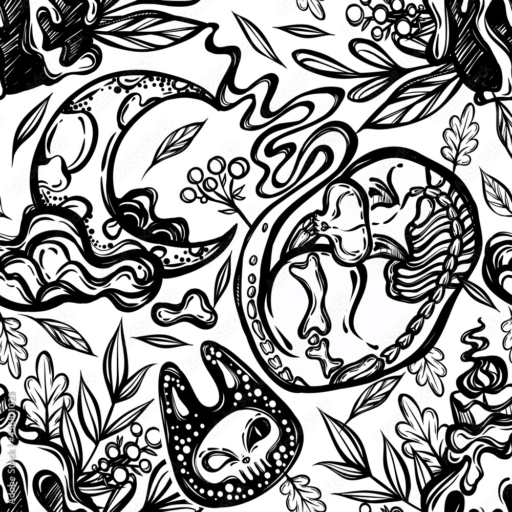 Obraz premium Halloween vector composition with mystical cat skeleton, candle and moon, background light, seamless pattern, t-shirt design