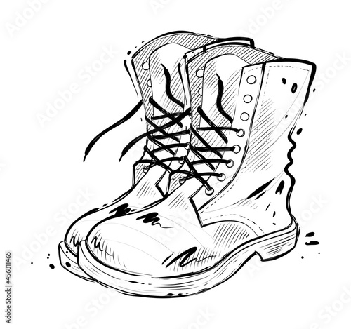 Pair of rough boots for work or army, hand drawn vector illustration, monochrome