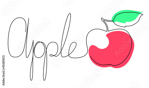 Illustration of a red apple with a leaf. One continuous line art illustration with lettering - written apple. Stock vector illustration isolated on a white background.