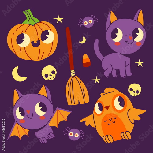 hand drawn flat halloween elements collection vector design illustration