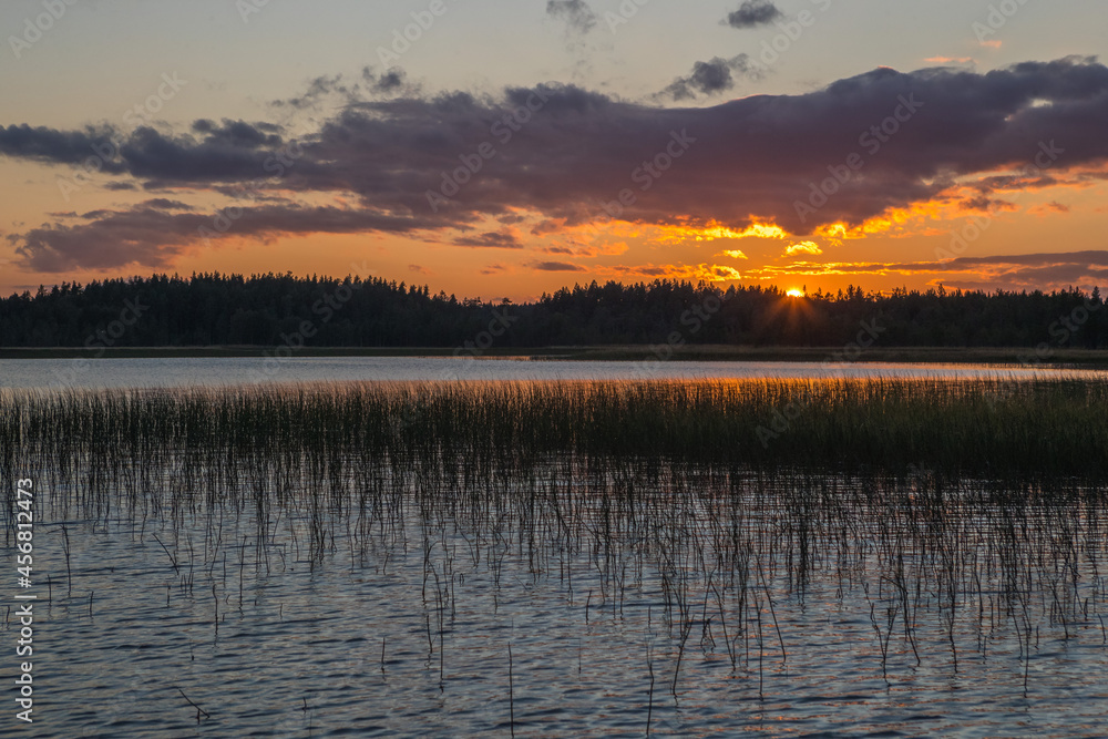 Night over the lake. Sunset. Blue sky. Red sunset. Night in the woods. Northern landscape. Night over the lake. Sunset. Blue sky. Red sunset. Night in the woods. Northern landscape.