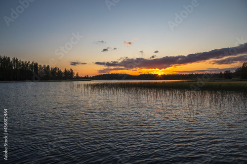 Fototapeta Naklejka Na Ścianę i Meble -  Evening over the lake. Dark blue sky. Night, forest, lake.