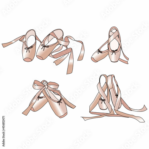 vector set with the image of four pairs of ballet pointe shoes in a graphic style