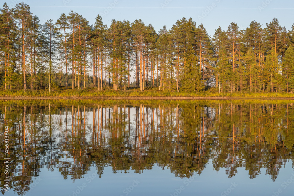 Northern nature. Panorama of the forest. Lake, forest, river. Beautiful landscape with lake and forest. Sunset and sunrise. Reflection of the forest in the water. Northern nature. Panorama of the forest. Lake, forest, river. Beautiful landscape with lake and forest. Sunset and sunrise. Reflection of the forest in the water.