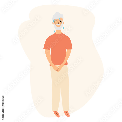 Urinary incontinence problem. Elderly men wants to pee. The old men feels pain in his groin. Experiencing pain. Flat vector illustration.