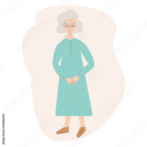 Urinary incontinence problem. Elderly women wants to pee. The old women feels pain in his groin. Experiencing pain. Flat vector illustration.