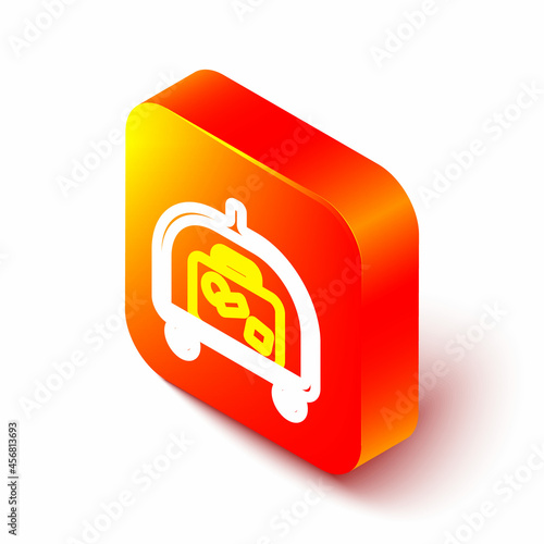 Isometric line Hotel luggage cart with suitcase icon isolated on white background. Traveling baggage sign. Travel luggage icon. Orange square button. Vector