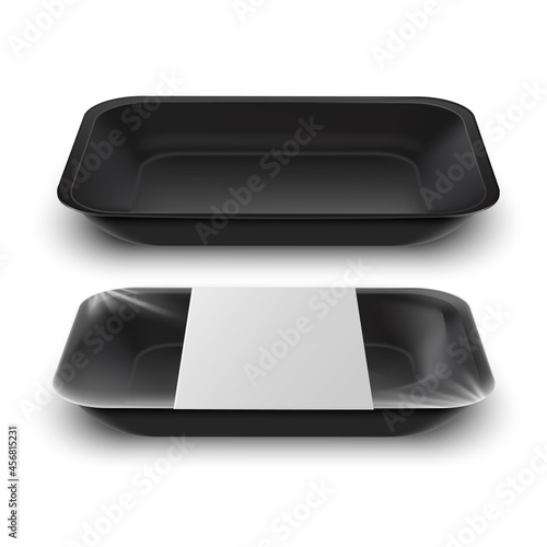 Realistic design template with black food tray on white background.