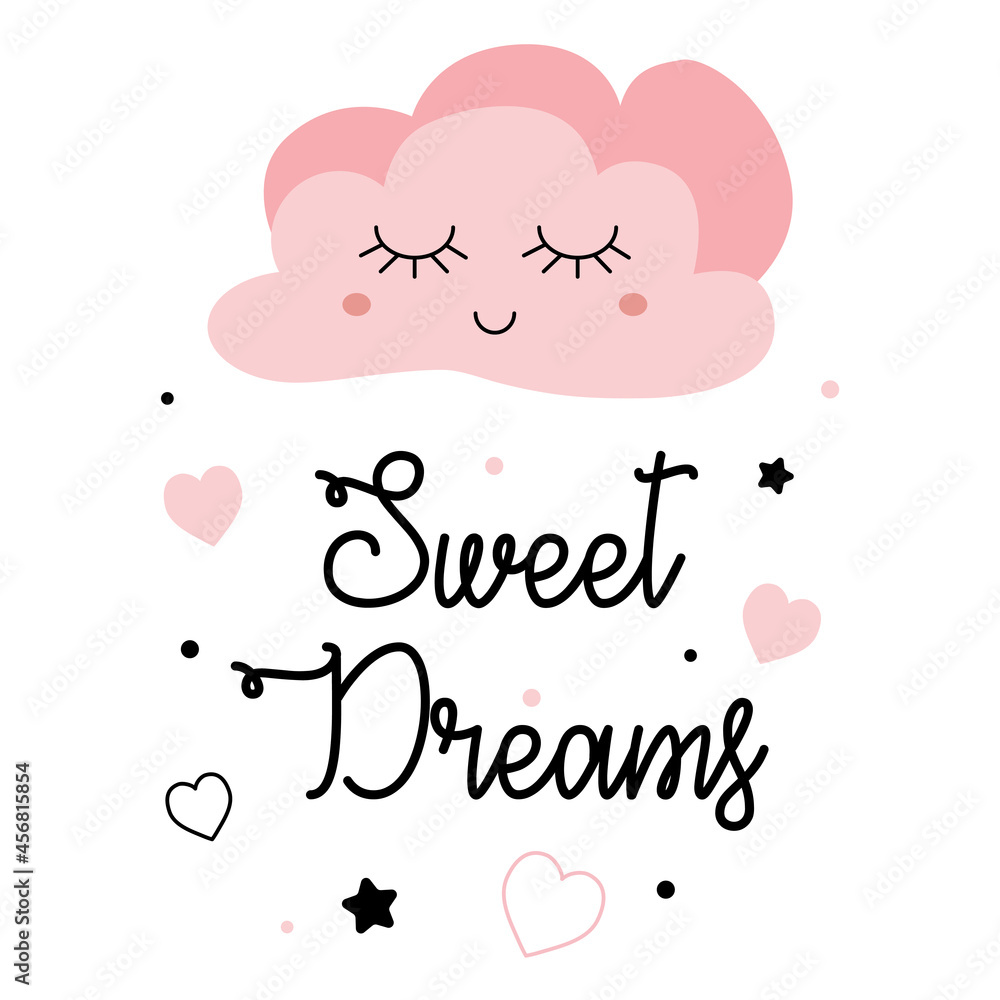 Kids wall design Vector illustration. Set of posters yellow sleepy moon pink star cloud for kids room decoration kids style. Pink color Ideal for print fabric logo sign cards banners 