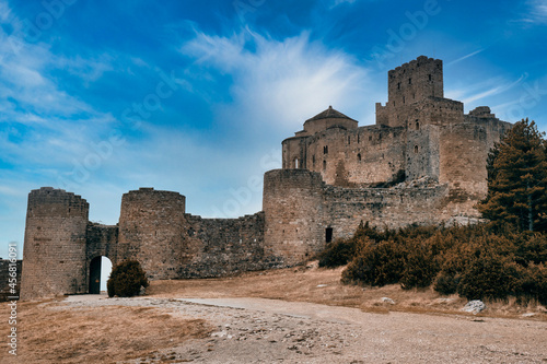 View of the medieval Romanesque Castle of Loarre with a lovely sky
