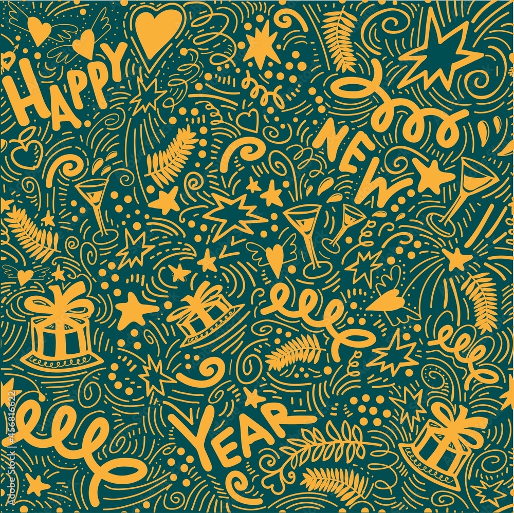 Trendy colors Merry Christmas seamless pattern with new year doodle elements drawn by hand. Garlands, cake, gifts, glasses, confetti and handwriting lettering on trendy color tidewater green on gold. Trendy colors Merry Christmas seamless pattern with new year doodle elements drawn by hand. Garlands, cake, gifts, glasses, confetti and handwriting lettering on trendy color tidewater green on gold.