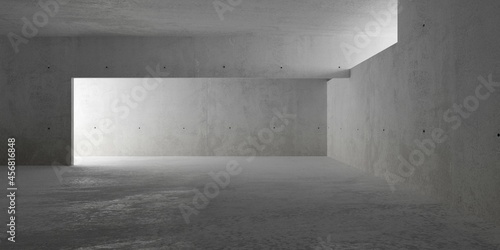 Abstract empty, modern concrete room with indirect lighting from side walls and rough floor - industrial interior background template