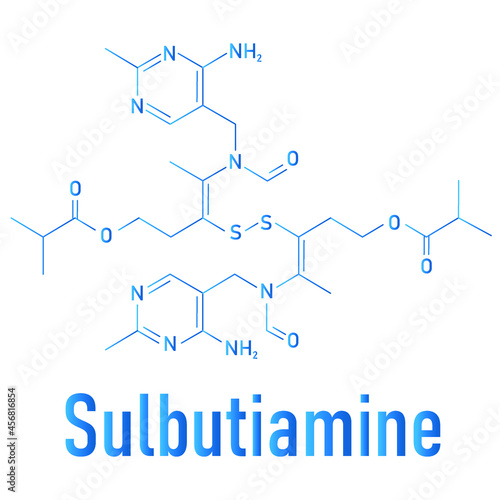 Sulbutiamine asthenia drug molecule. Also used in nutritional supplements. Skeletal formula.