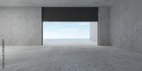 Fototapeta Naklejka Na Ścianę i Meble -  Empty modern abstract concrete room with open rolling gate on back wall with ocean view and rough floor, product presentation template background