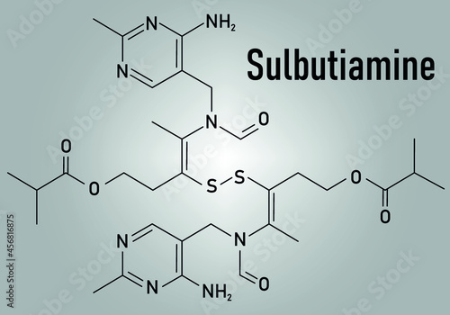 Sulbutiamine asthenia drug molecule. Also used in nutritional supplements. Skeletal formula.