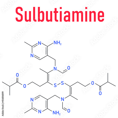 Sulbutiamine asthenia drug molecule. Also used in nutritional supplements. Skeletal formula.