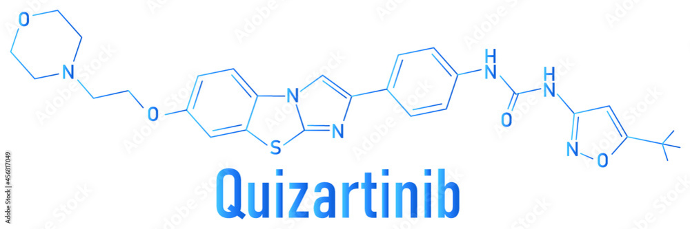 Quizartinib cancer drug molecule (kinase inhibitor). Skeletal formula. Quizartinib cancer drug molecule (kinase inhibitor). Skeletal formula.