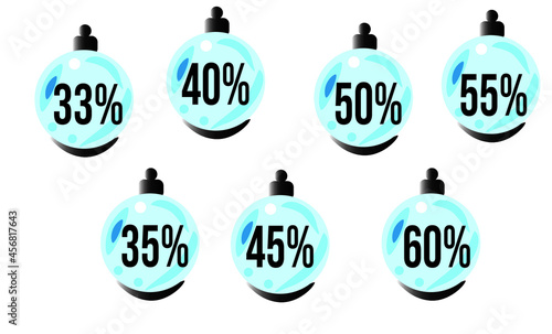 Set discount tags, 33%, 35%, 40%, 45%, 50%, 55%, 60% on blue christmas ball designs, OfferDiscount tags  photo