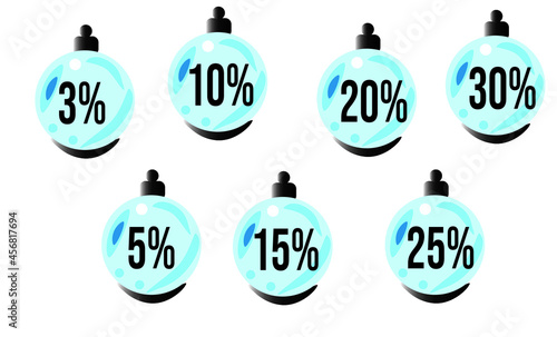 Set of discount tags, 3%, 5%, 10%, 15%, 20%, 25% on blue christmas ball designs, OfferDiscount tags  photo