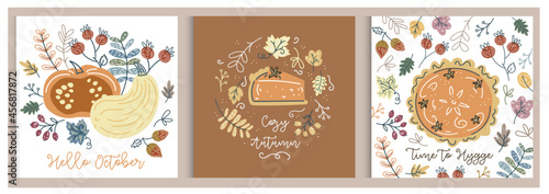 Autumn pumpkin set. Hello autumn pumpkin illustration. Colorful pumpkin flyer, cards. Harvest season template in flat hand drawn style. Hygge, cozy autumn. Pumpkin pie, thanksgiving time.