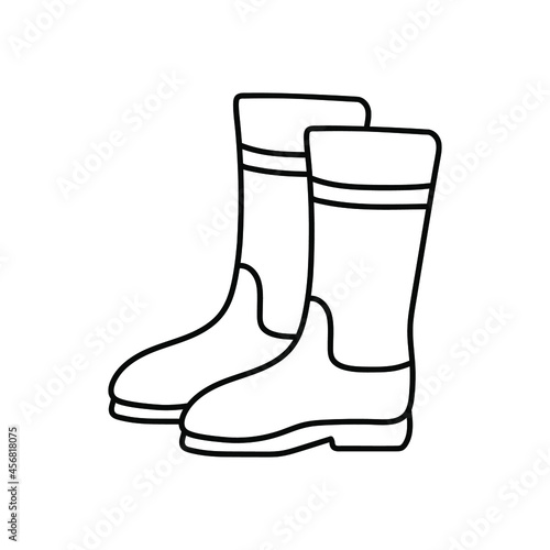 Contour image of a rubber boot. Black silhouette of a pair of shoes. Doodle icon of winter high boots. Simple black hand drawing for decoration. Vector clipart