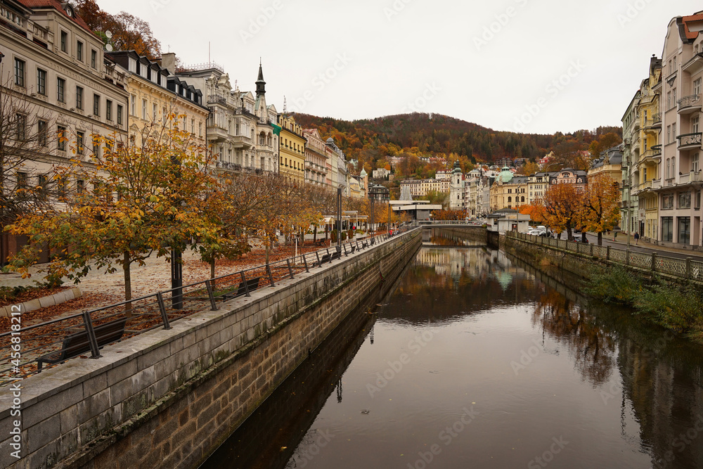 Historic spa town Karlovy Vary, famous for geothermal hot springs used for treatment and colonnades