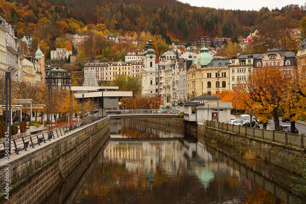 Historic spa town Karlovy Vary, famous for geothermal hot springs used for treatment and Vridlo geyser
