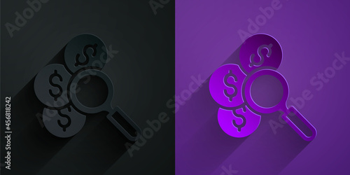 Paper cut Search for money icon isolated on black on purple background. Paper art style. Vector