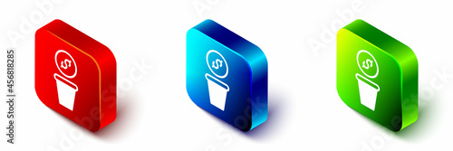 Isometric Donation money icon isolated on white background. Hand give money as donation symbol. Donate money and charity concept. Red, blue and green square button. Vector