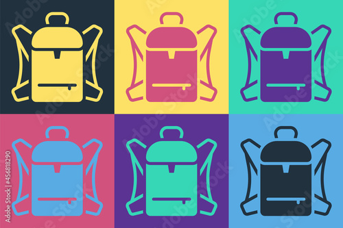 Pop art Hiking backpack icon isolated on color background. Camping and mountain exploring backpack. Vector
