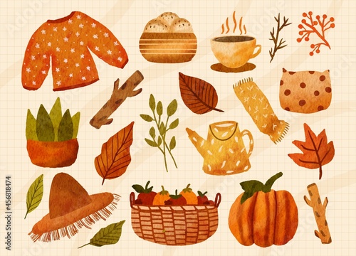 Cozy autumn Watercolor elements set, forest collection object, sweater, breads, coffee, cup, branch, potted plant, leaves, leaf, wood, pillow, pumpkin, hat, kettle plant, branches, illustrations