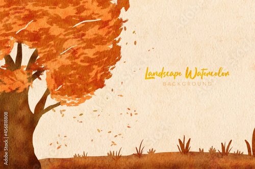 Watercolor painting hand drawn autumn fall leaf from tree landscape background