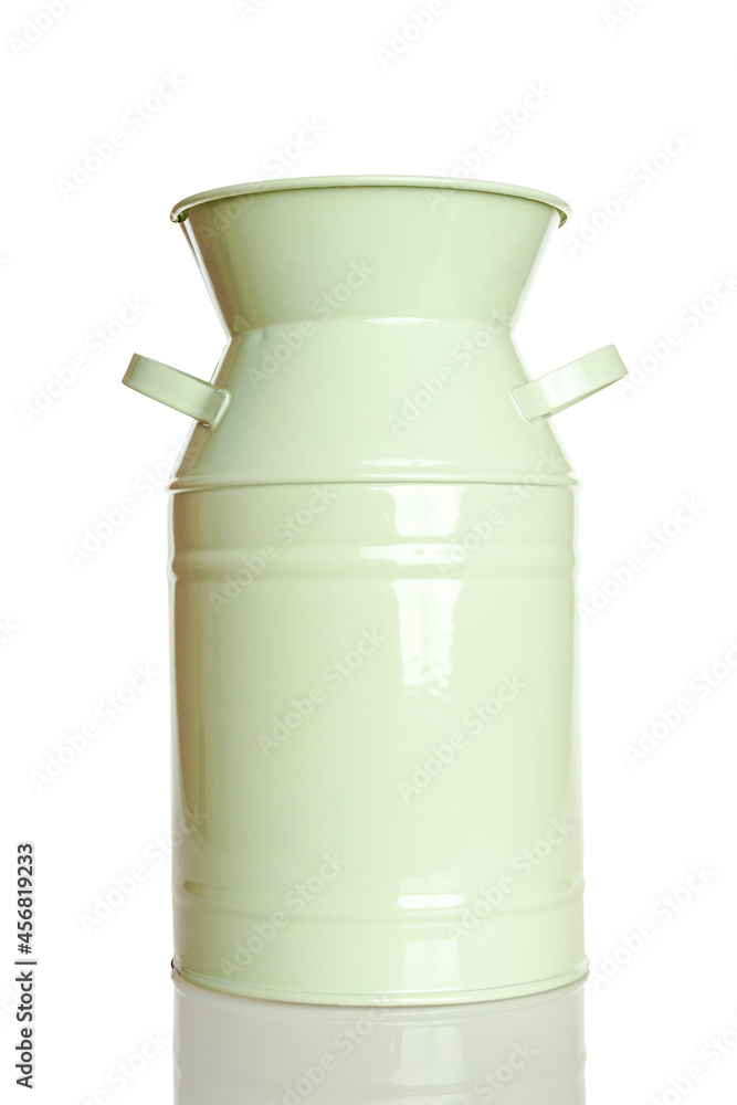 Metal vase painted with light pistachio, mint color paint, isolated on a white background Metal vase painted with light pistachio, mint color paint, isolated on a white background
