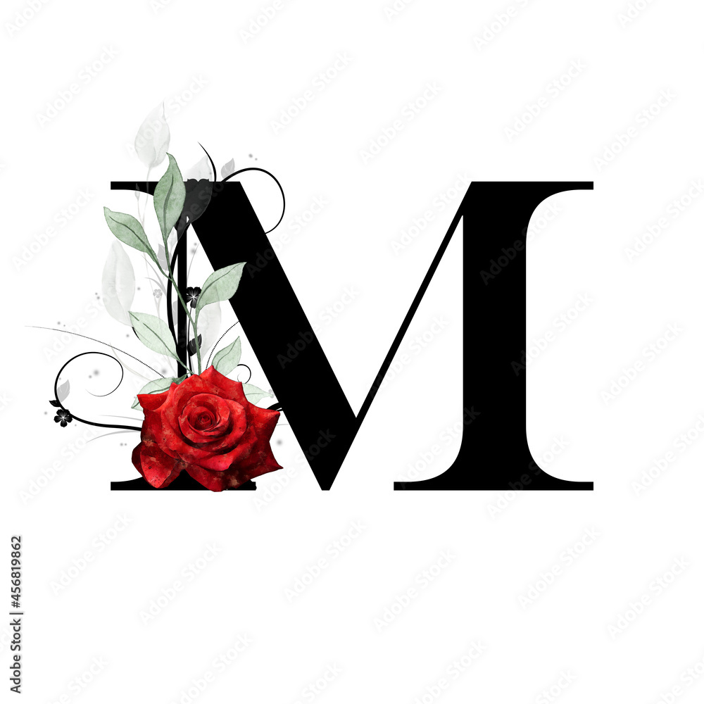 Floral monogram, letter M - decorated with red rose and watercolor ...