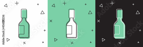 Set Tabasco sauce icon isolated on white and green, black background. Chili cayenne spicy pepper sauce. Vector