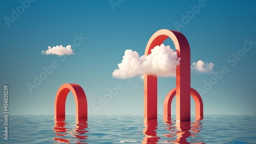 3d render, surreal seascape with red arches and white clouds in the blue sky. Modern minimal abstract background with simple geometric shapes and water photo