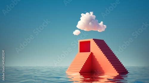 3d render, Surreal seascape. White clouds in the blue sky above the red pyramid with steps. Modern minimal abstract background with geometric shape and water. Challenge concept, business metaphor
