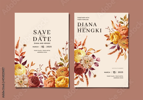 beautiful hand drawn autumn floral wedding invtiation card template