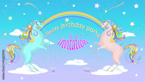 Two unicorns stand on their hind legs on the clouds against a background of rainbows and stars. Design for cards, congratulations, invitations, etc. with an example of an inscription