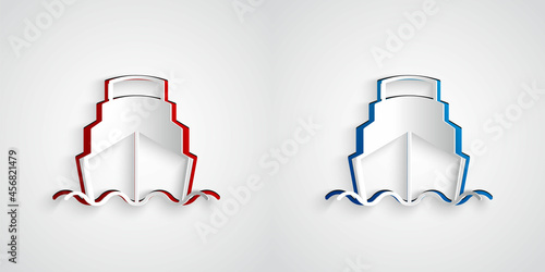 Paper cut Cruise ship in ocean icon isolated on grey background. Cruising the world. Paper art style. Vector