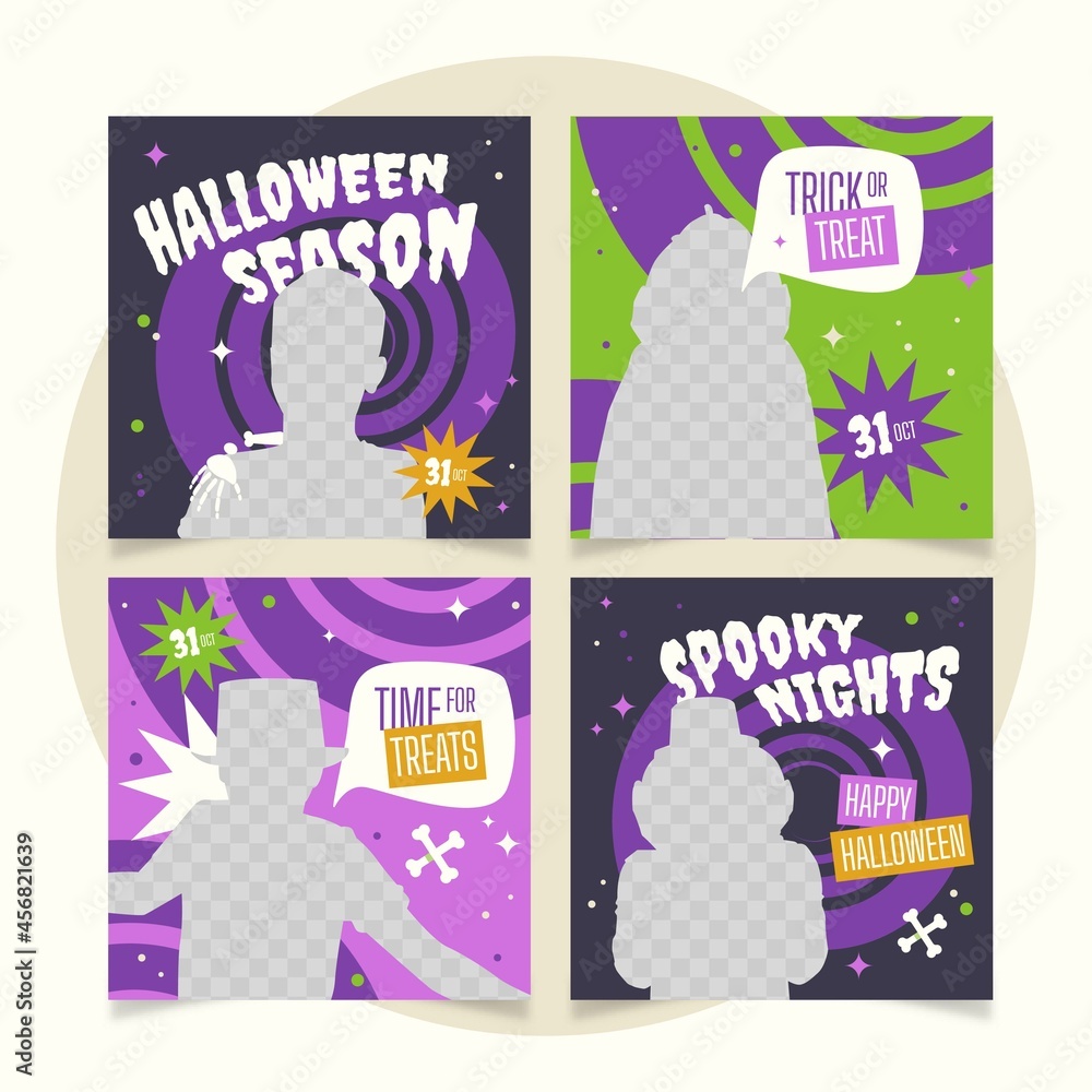 hand drawn flat halloween instagram posts collection with photo