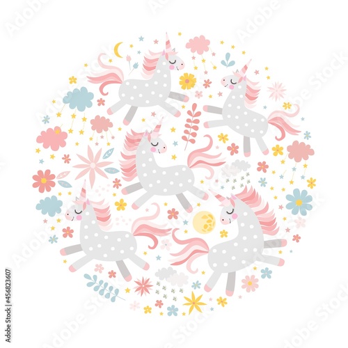 Cute card with unicorns  flowers  clouds and stars. Fairy round pattern.