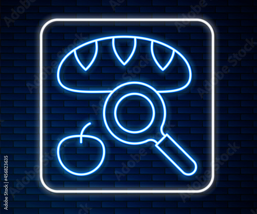 Glowing neon line Searching for food icon isolated on brick wall background. Homelessness and poverty concept. Vector