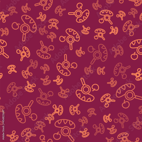 Brown line Searching for food icon isolated seamless pattern on red background. Homelessness and poverty concept. Vector