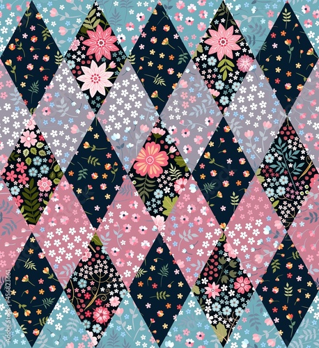 Patchwork seamless pattern with small flowers. Print for fabric and home textile. Vector illustration.